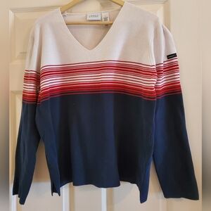 LIZGOLF Women's Striped V-Neck Golf Sweater Cotton Red/White/Blue LARGE - EUC